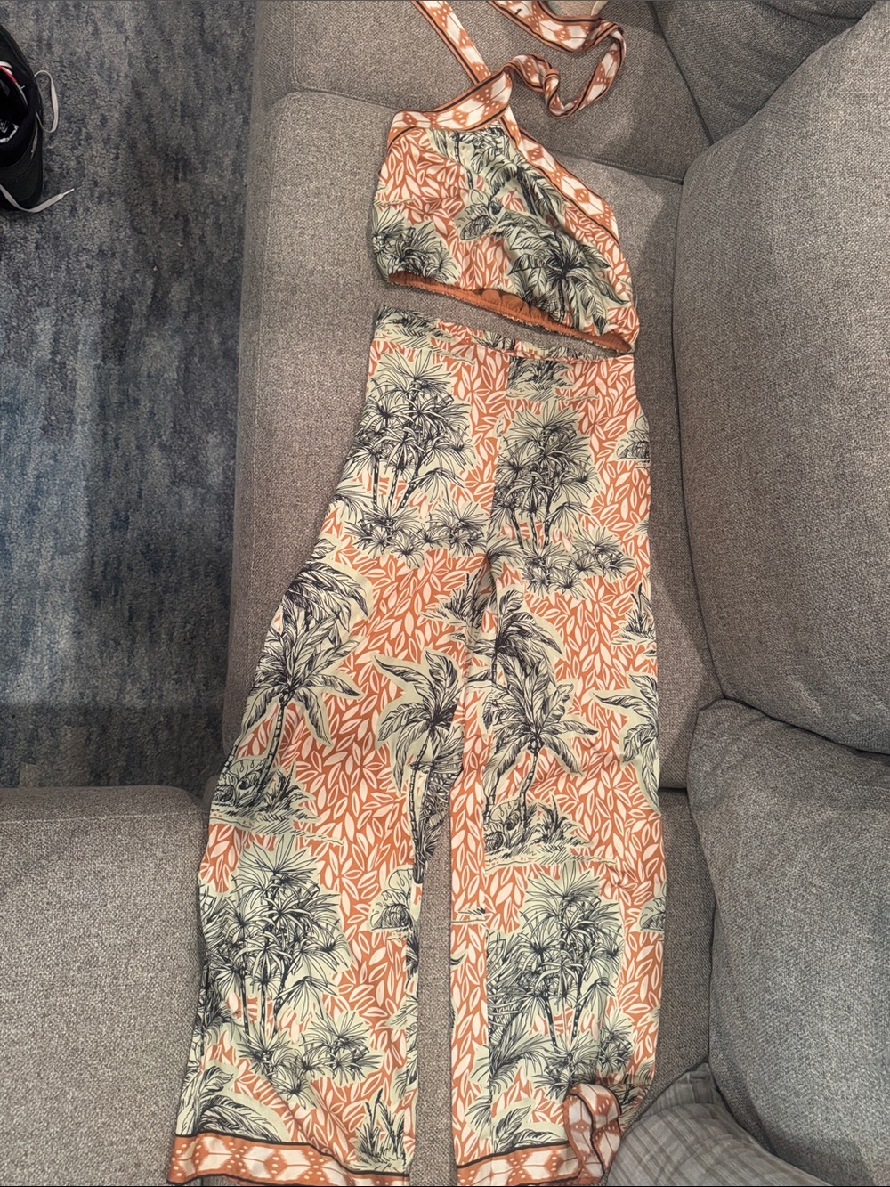 Tropical Print Wide-Leg 2 piece set in Coral and Cream